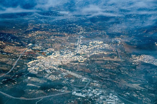 Aerial view of the town of Cassima in the Loule area of Portugal.  The Estadio Municipal de Loule is towards the top of the town.