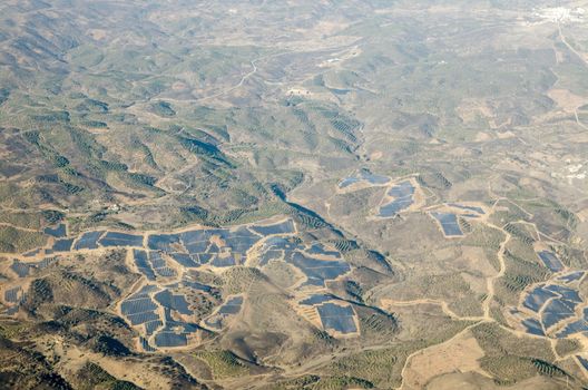 Aerial view of the many solar panels stretched across the countryside at Santa Justa in the Alcoutim region of Portugal.  