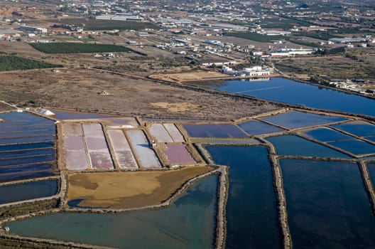 Aerial view of the salt pans of Olhao on the Algarve coast of Portugal. 