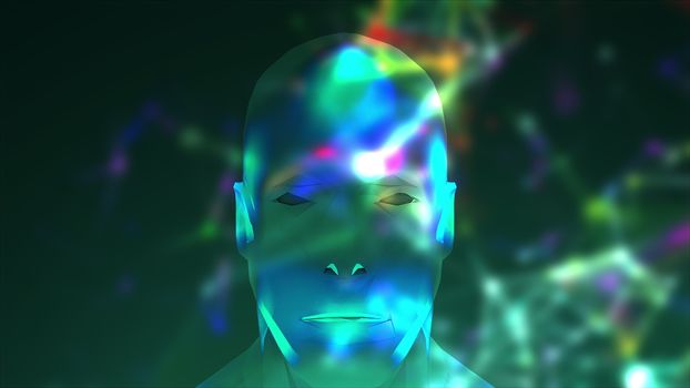 Abstract face and colored blur connection dots. Technology background. Network concept, 3D rendering