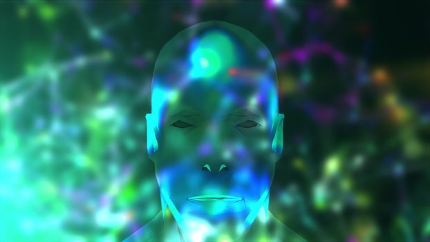 Abstract face and colored blur connection dots. Technology background. Network concept, 3D rendering