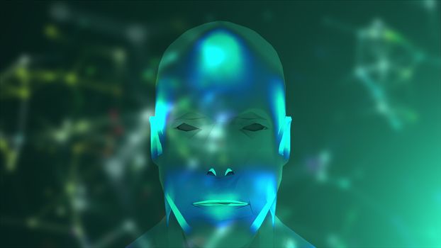 Abstract face and colored blur connection dots. Technology background. Network concept, 3D rendering