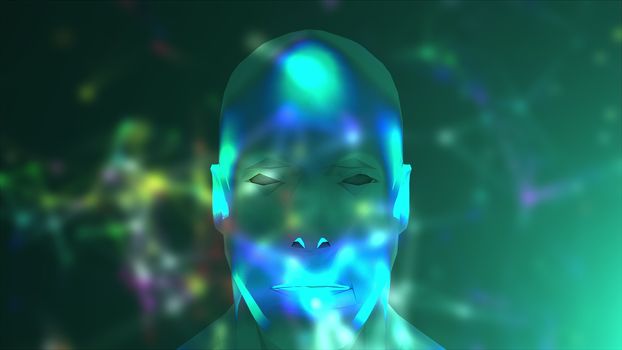 Abstract face and colored blur connection dots. Technology background. Network concept, 3D rendering