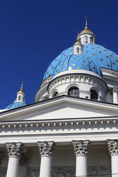 Facade with blue domes & crosses. Trinity Izmailovsky Cathedral. Cathedral of the Holy Life-Giving Trinity of the Life Guards Izmailovsky Regiment. Saint-Petersburg.