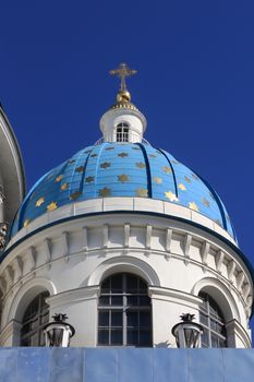 Facade with blue domes & crosses. Trinity Izmailovsky Cathedral. Cathedral of the Holy Life-Giving Trinity of the Life Guards Izmailovsky Regiment. Saint-Petersburg.