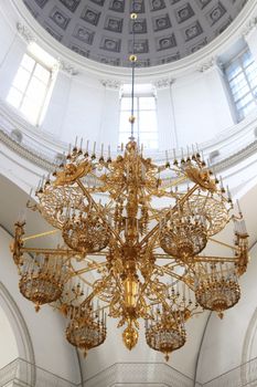 Chandelier in the center of the hall of Trinity Izmailovsky Cathedral. Cathedral of the Holy Life-Giving Trinity of the Life Guards Izmailovsky Regiment. Saint-Petersburg.Trinity Izmailovsky Cathedral. Cathedral of the Holy Life-Giving Trinity of the Life Guards Izmailovsky Regiment. Saint-Petersburg.