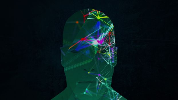 Abstract face and connection dots inside. Technology background. Network concept, 3d rendering