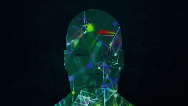 Abstract face and connection dots inside. Technology background. Network concept, 3d rendering