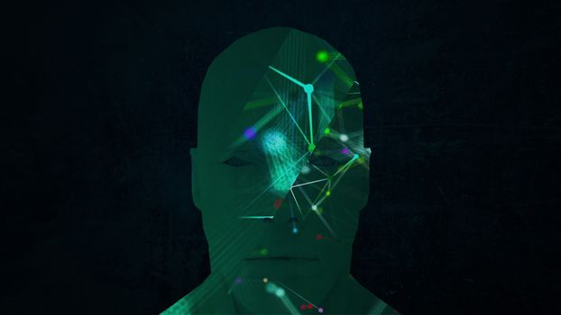 Abstract face and connection dots inside. Technology background. Network concept, 3d rendering