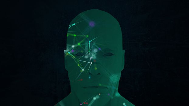 Abstract face and connection dots inside. Technology background. Network concept, 3d rendering