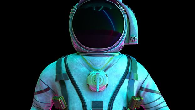 A cosmonaut in a metal protective suit in the light of neon lights. Computer generated space background, 3D rendering