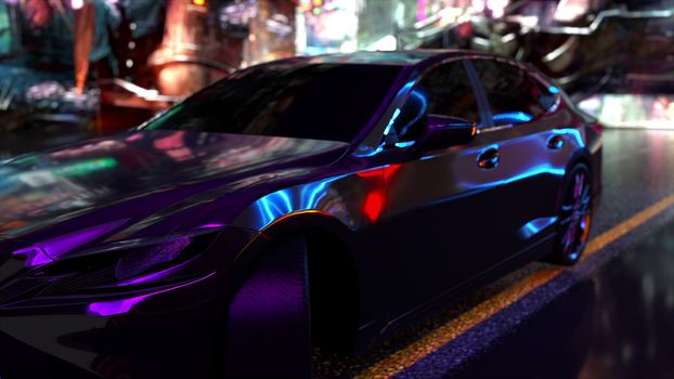 Modern car on a city street at night, computer generated. Cyberpunk composition. 3d rendering videogame backdrop.