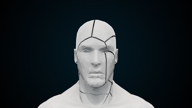 Human head with collapsing face. Computer generated futuristic background. 3D rendering head deformity