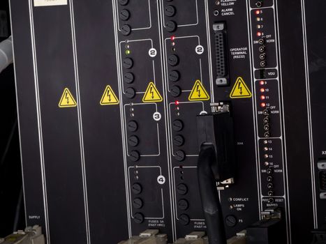 Electrical panel at a assembly line factory. Controls and switches.