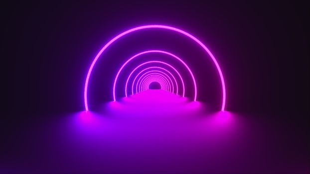 Computer generated a virtual reality. 3d render of circle neon tunnel. Ultraviolet abstract background from round arcade.