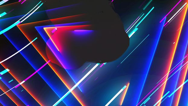 Neon composition with bright shapes like neon tunnel is in the dark space, 3d rendering computer generated background