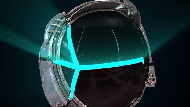 Cosmonaut head in a metal helmet close-up with neon light from the inside. Computer generated space background, 3d rendering