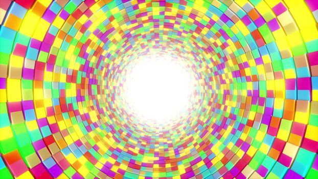 Dance floor tunnel of multi-colored squares, computer generated. 3d rendering of modern background