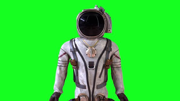 Astronaut in a metal protective spacesuit is destroyed into small particles. Computer generated space background, 3d rendering