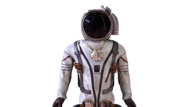 Astronaut in a metal protective spacesuit is destroyed into small particles. Computer generated space background, 3d rendering