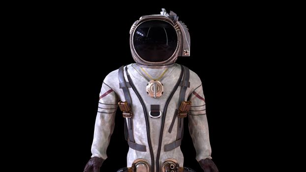 Astronaut in a metal protective spacesuit is destroyed into small particles. Computer generated space background, 3d rendering