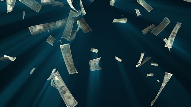 Many dollar bills fall from above, 3d rendering. Computer generated backdrop with effect of money rain. Business success