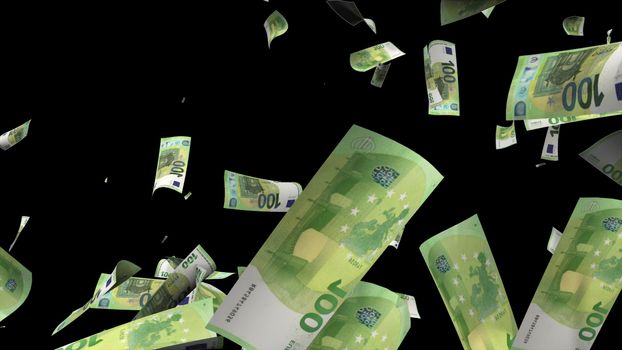 Many euros bills fall from above, 3d rendering. Computer generated backdrop with effect of money rain. Business success