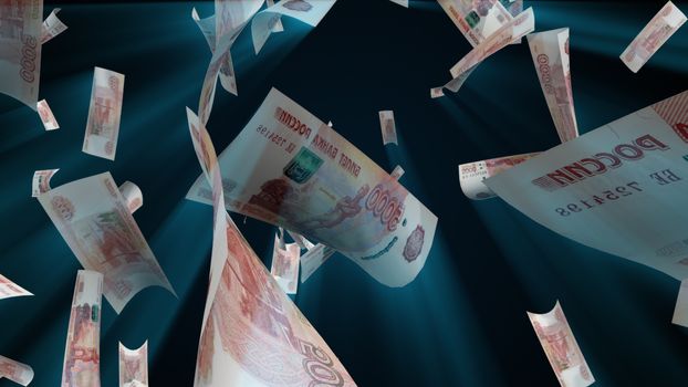 Many ruble bills fall from above, 3d rendering. Computer generated backdrop with effect of money rain. Business success