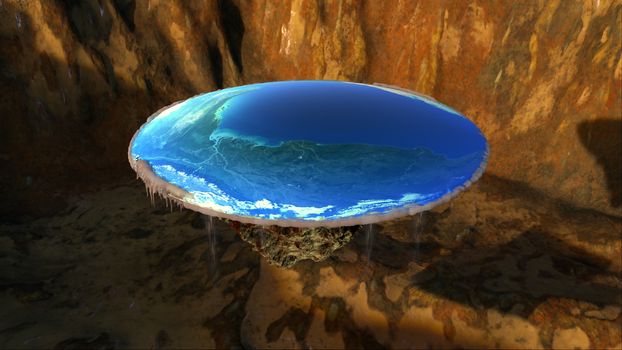 Flat earth with nature landscape, ancient belief in plane globe in form of disk, 3d rendering abstraction