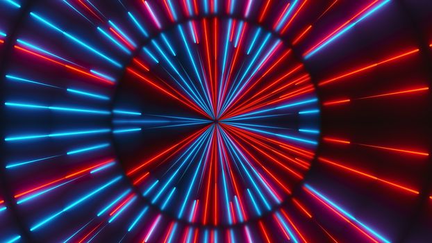 Neon composition with bright shapes like neon tunnel is in the dark space, 3d rendering computer generated background