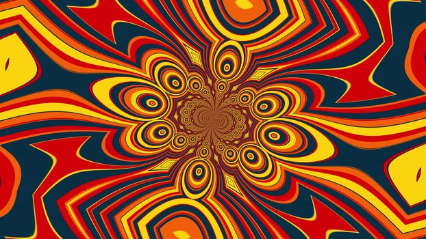 Swirling mandala with a colored striped elements forming the petals and circles. 3D rendering of a computer generated hypnotic background