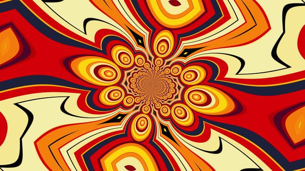 Swirling mandala with a colored striped elements forming the petals and circles. 3D rendering of a computer generated hypnotic background