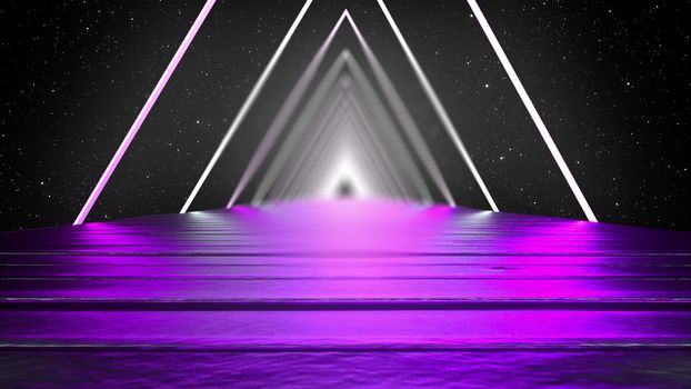 3D rendering, abstract geometric background, virtual reality, computer generated fluorescent ultraviolet light, glowing neon lines, a triangular tunnel with a straight smooth road