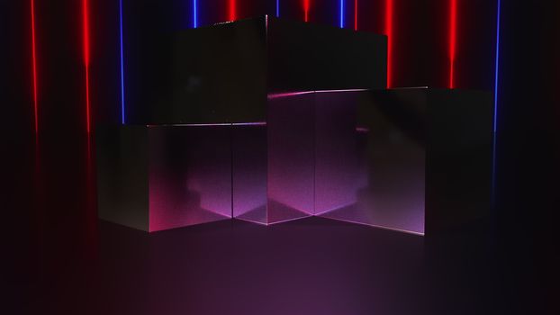 Computer generated a pedestal and a showcase with neon lines. 3d rendering fashion background