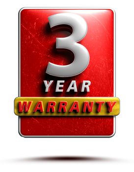 Warranty label 3D illustration 3 years Red Color Numbers in stainless steel Isolated on a white background. (With Clipping Path).