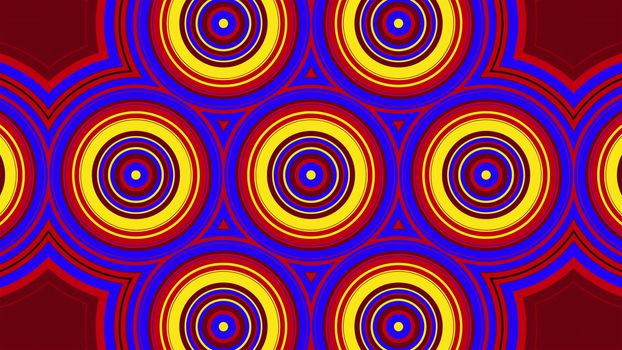 Retro kaleidoscope of colorful rounds forming hypnotic ornament. 3d rendering computer generated technological background