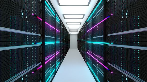 Modern server room interior in datacenter, web network and internet telecommunication technology, big data storage and cloud service concept, 3d rendering