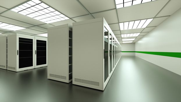 Large server room interior in datacenter, web network and internet telecommunication technology, data storage and cloud service concept, 3d rendering