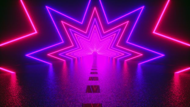 3D rendering, abstract geometric background, virtual reality, computer generated fluorescent ultraviolet light, glowing neon lines, a star tunnel with a straight road
