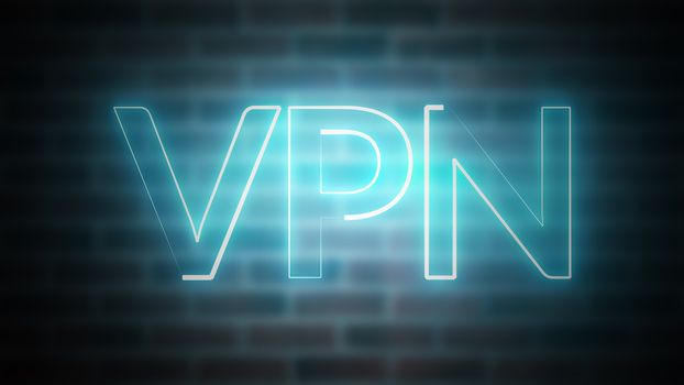 3D rendering of shine text VPN against the background of brick, computer generated wireframe symbol with glowing laser light