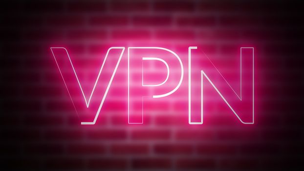 3D rendering of shine text VPN against the background of brick, computer generated wireframe symbol with glowing laser light