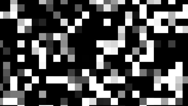 Computer generated abstract technology backdrop with mosaic of white and black square blocks. 3D rendering large pixels