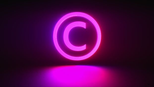 Rotating neon copyright sign on a dark background, computer generated. 3d rendering of copyright protection