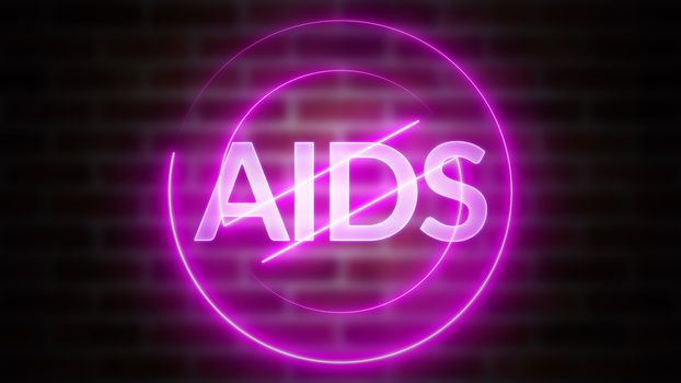 3D rendering of word AIDS against the background of brick, computer generated wireframe symbol stop with glowing laser light