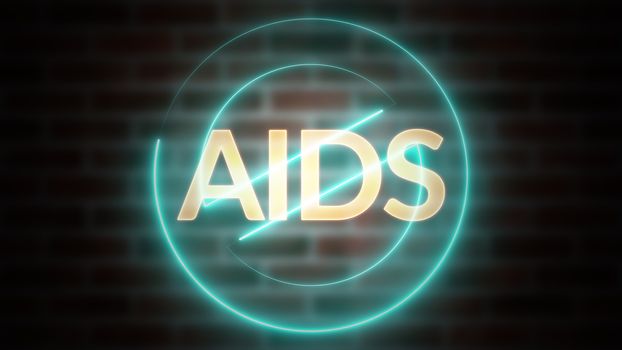 3D rendering of word AIDS against the background of brick, computer generated wireframe symbol stop with glowing laser light