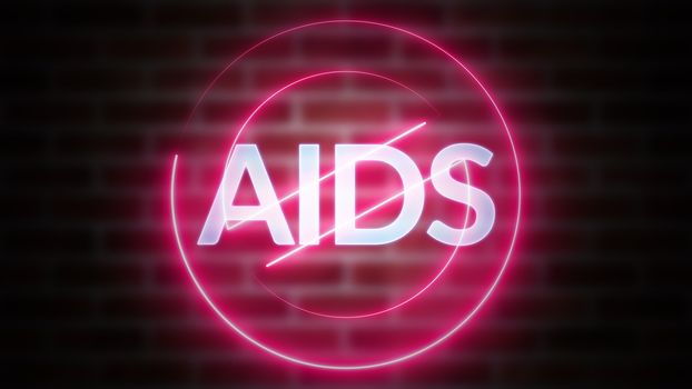 3D rendering of word AIDS against the background of brick, computer generated wireframe symbol stop with glowing laser light