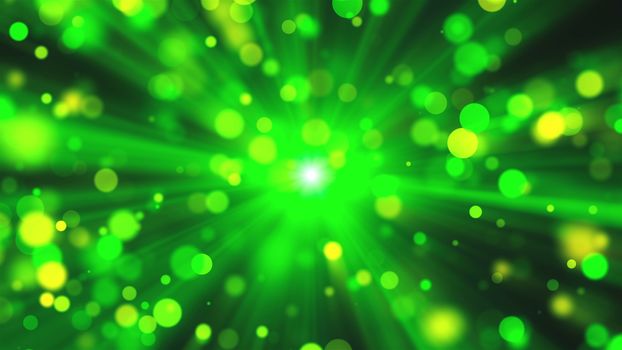 Blurred green lights as sun rays and shine particles with bokeh effect, 3d render background, computer generated backdrop