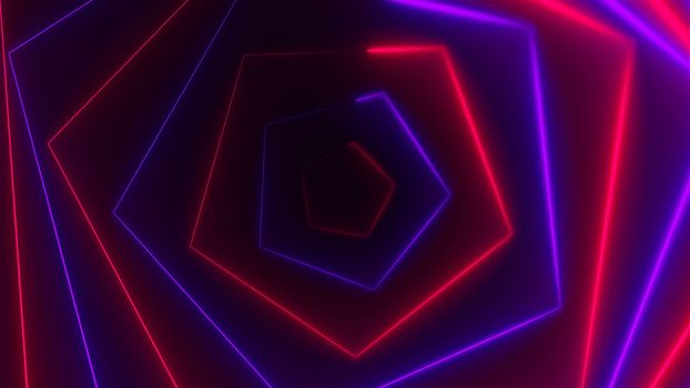 Hexagonal bright long abstract neon tunnel is in the dark space, 3d rendering computer generated background