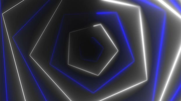 Hexagonal bright long abstract neon tunnel is in the dark space, 3d rendering computer generated background
