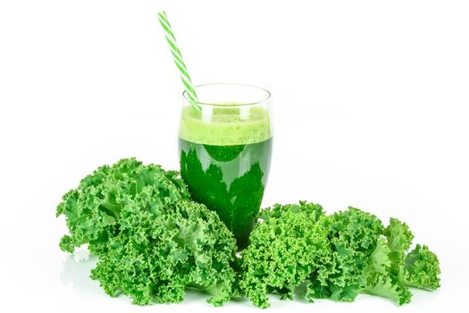 Healthy smoothie with green kale in glass isolated on white background